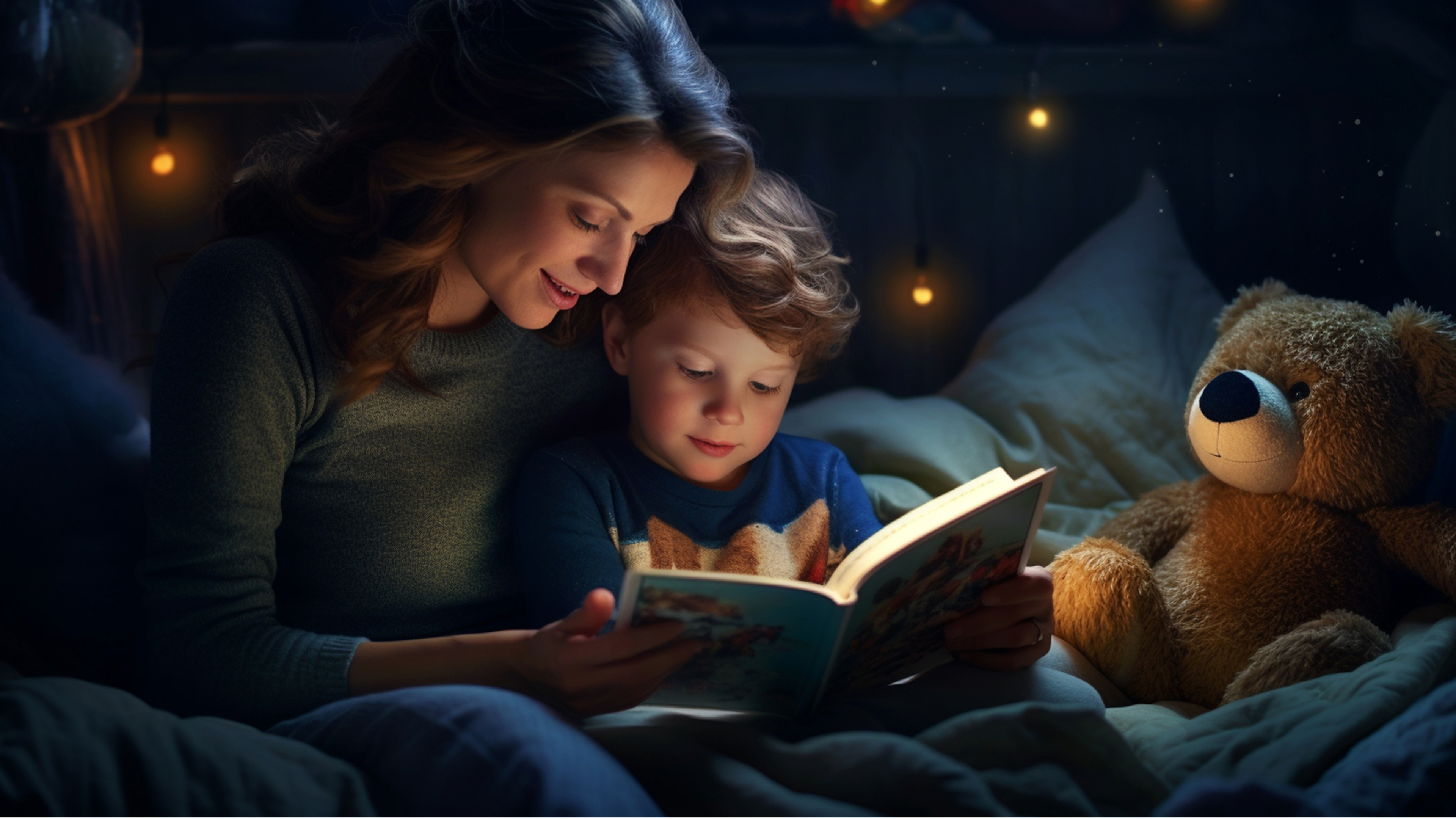 Mother and child reading a bedtime story on a cozy bed with a teddy bear beside them, dark blue background, peaceful nighttime routine, encouraging children’s love of reading before sleep.