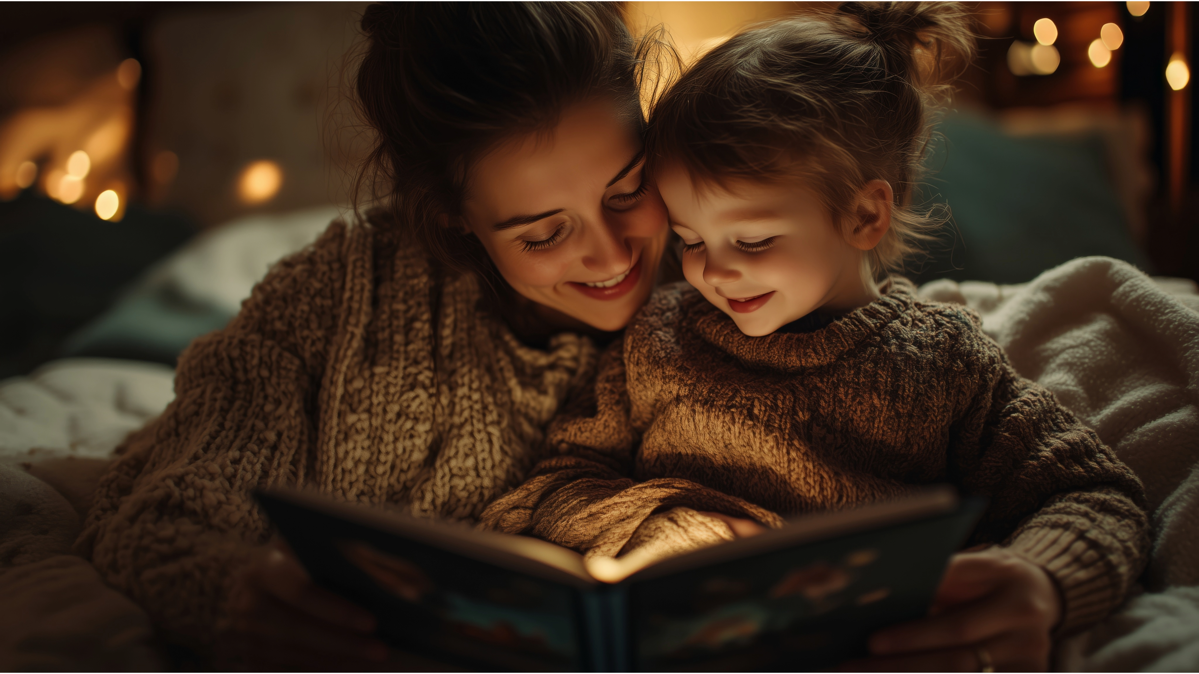 Mother and child reading a children’s storybook together on a warm cozy couch, family bonding time, encouraging kids to love reading, bedtime story inspiration.